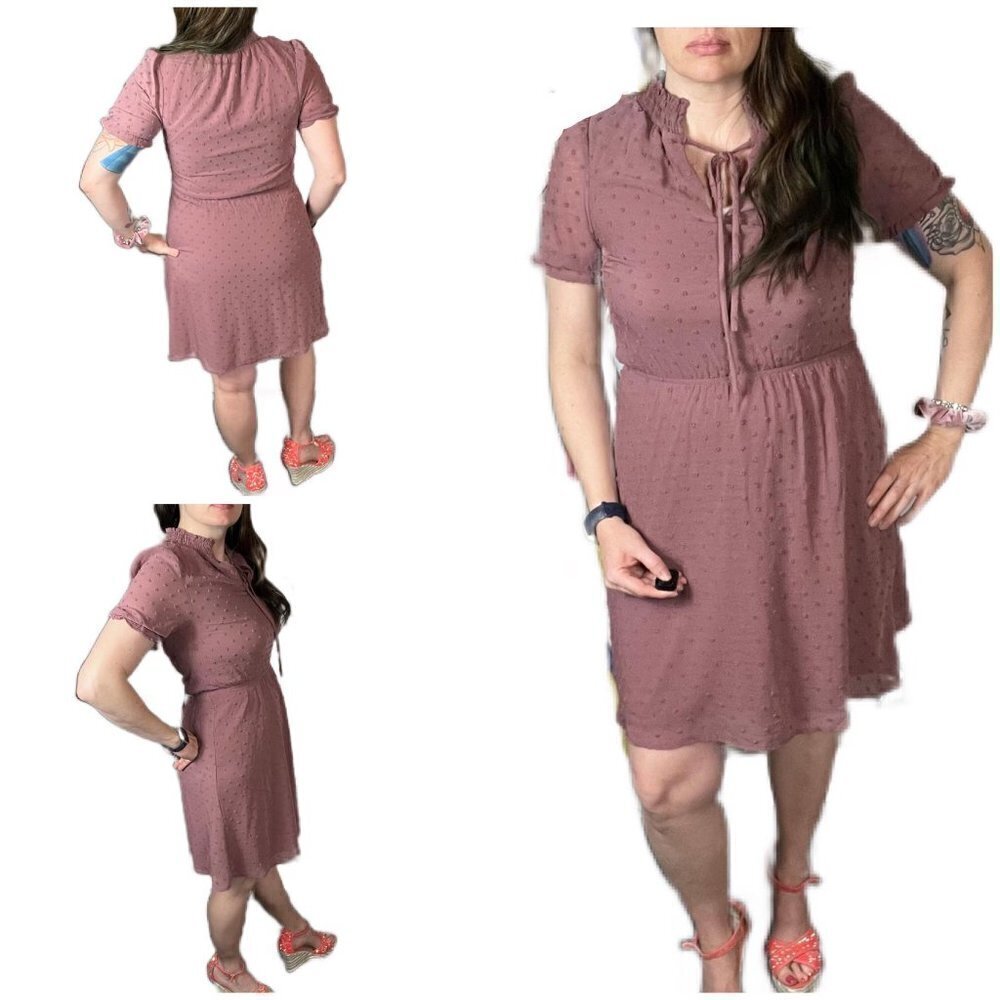 Monteau mauve/brown Swiss dot short sleeve tie dress